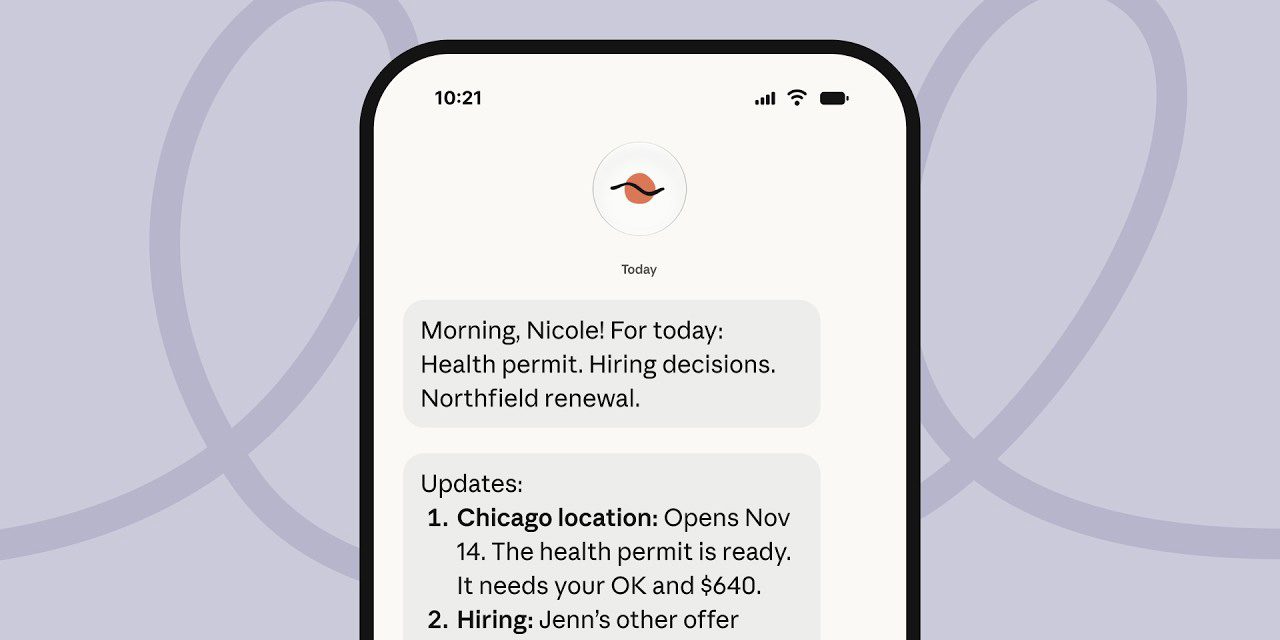 Anthropic's Claude Duet artwork showing a phone with a morning brief message for a user named Nicole: health permit, hiring decisions and a renewal, with the Chicago location item noting it needs approval and a payment.