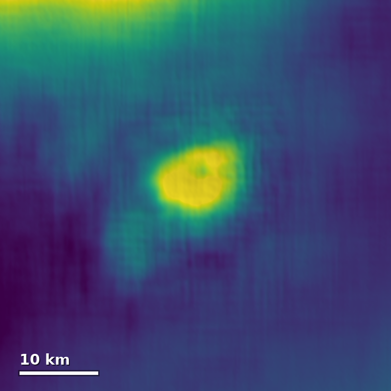 Colour-coded (viridis) elevation heatmap of the same Venusian volcanic feature at approximately 300-metre resolution, showing much sharper, more defined topographic detail than the older baseline altimetry map, with a 10km scale bar