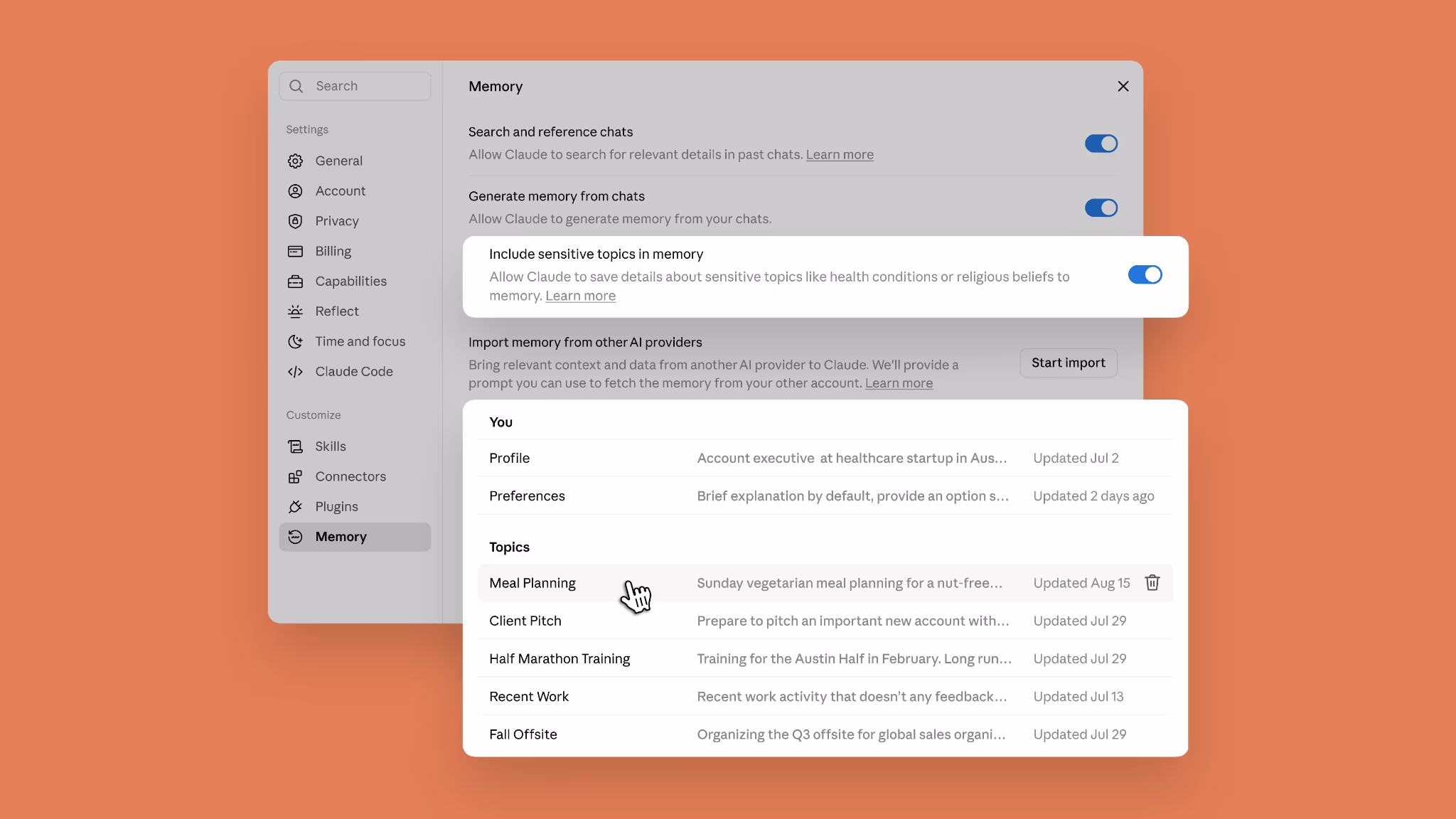 Claude's Settings > Memory screen, showing the 'Include sensitive topics in memory' toggle and a list of Topics including Meal Planning, Client Pitch, Half Marathon Training, Recent Work and Fall Offsite, each with a last-updated date and delete icon.