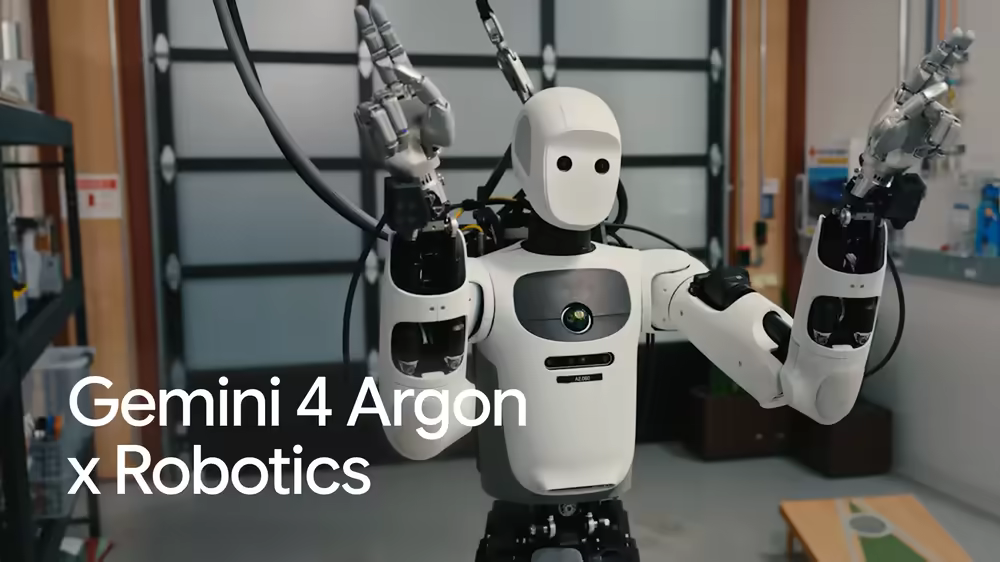 Apptronik Apollo humanoid robot raising both arms beside a cornhole board under the title Gemini 4 Argon x Robotics