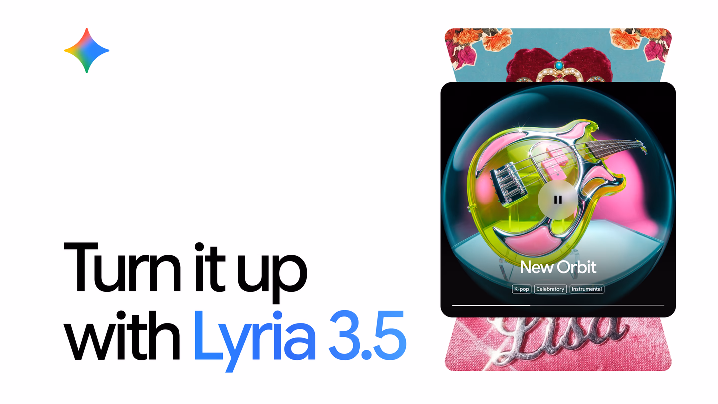 Google's official promotional image for Lyria 3.5, showing the Gemini sparkle icon and 'Turn it up with Lyria 3.5' headline next to a mock Gemini app music player card for a K-pop-styled track called 'New Orbit'