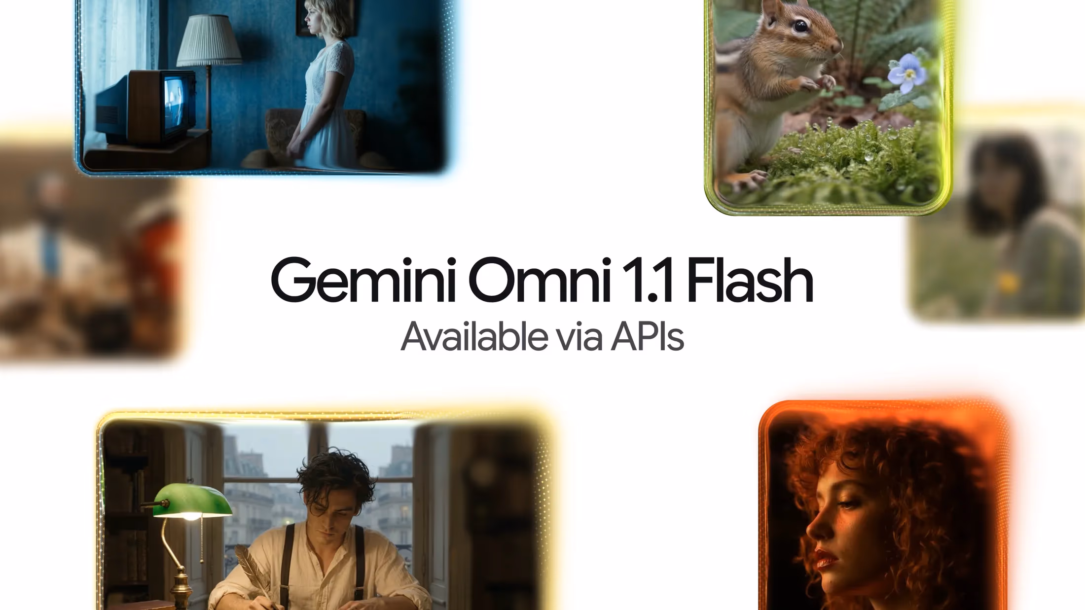 Google's official Gemini Omni 1.1 Flash announcement graphic, showing a grid of AI-generated video stills in different styles - a woman by a television, a chipmunk in a garden, a man writing at a desk, a portrait - around the text 'Gemini Omni 1.1 Flash, Available via APIs'.