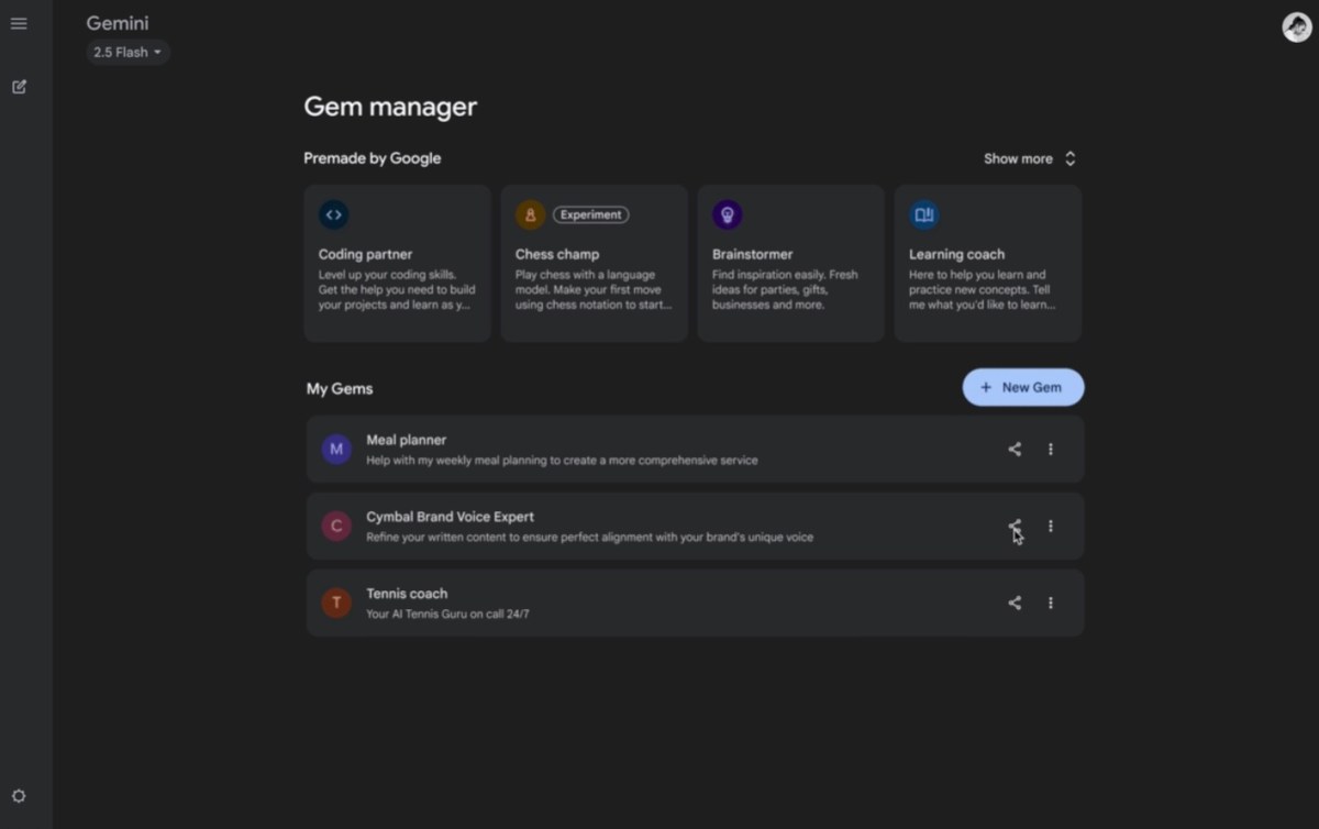 Gemini Gem manager screen showing premade Gems such as Coding partner, Chess champ, Brainstormer and Learning coach, plus user Gems for meal planning, brand voice and tennis coaching