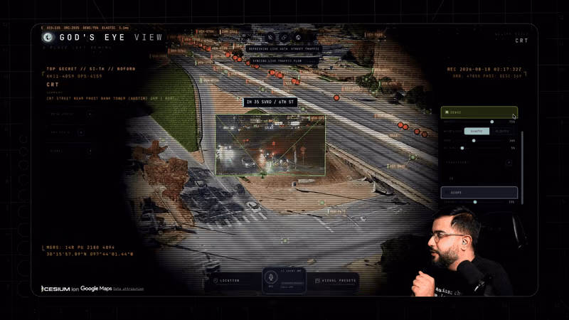 God's Eye View in CRT sensor mode showing an aerial view of a road intersection with red public-camera markers and a live CCTV feed displayed in an inset panel.