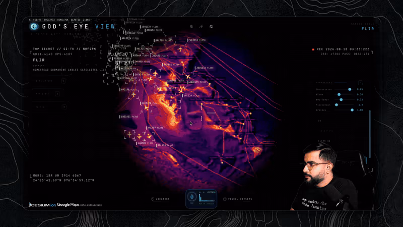 God's Eye View in FLIR thermal sensor mode, rendering the globe in purple and orange heat tones with submarine cable routes drawn across the oceans and labelled landing points.