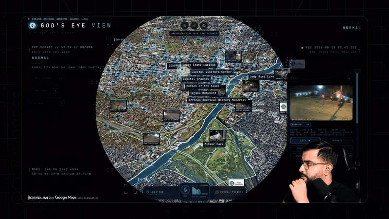 God's Eye View in normal sensor mode showing a photorealistic 3D view of Austin, Texas, with voice-generated annotations labelling Zilker Park, the Texas State Capitol and other landmarks, alongside a live CCTV camera inset.