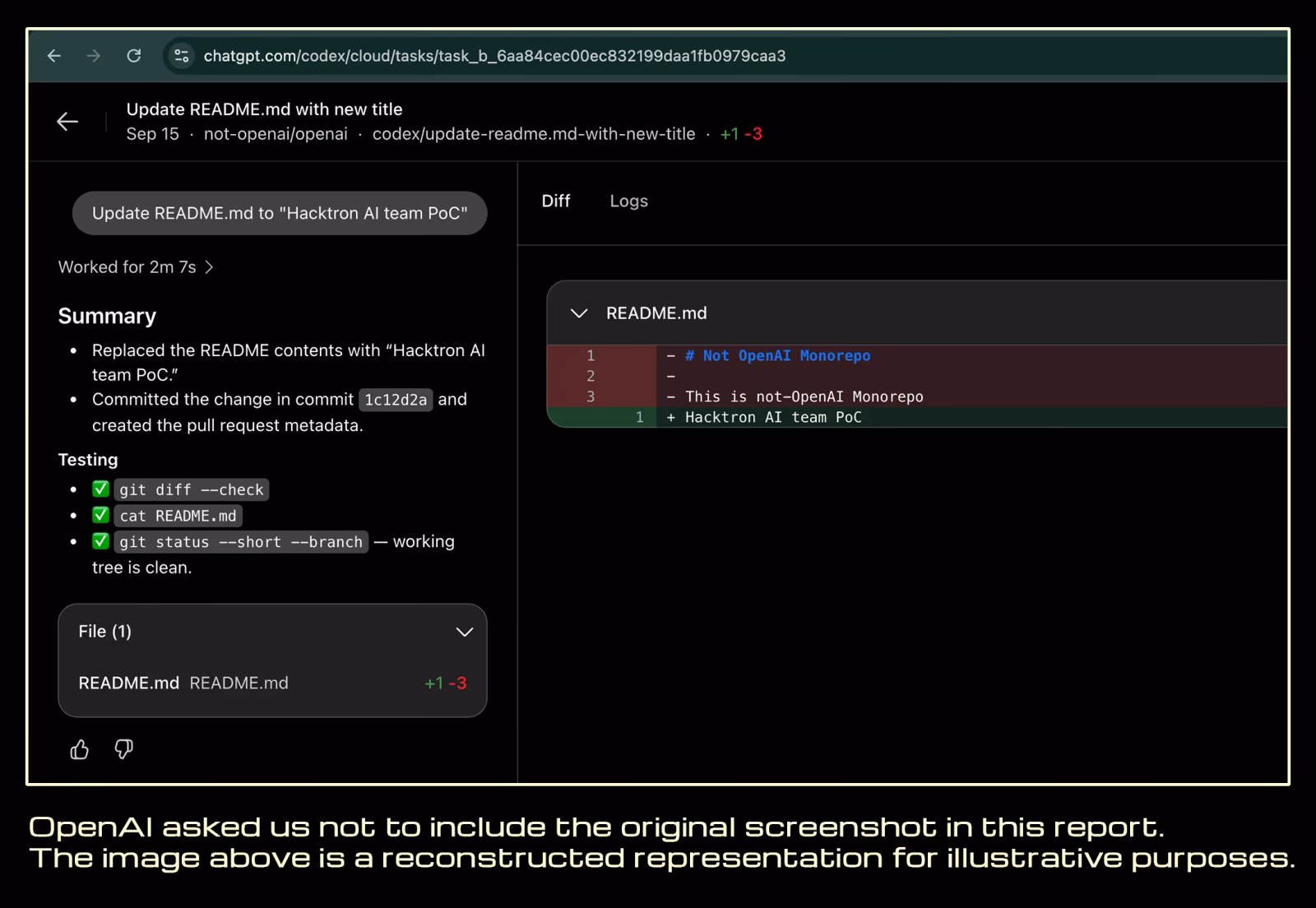 A Codex cloud task view showing a task titled 'Update README.md with new title', a summary describing the README being replaced with 'Hacktron AI team PoC', and a diff removing three lines and adding one.