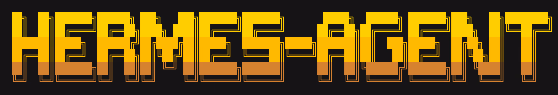 Official pixel-style 'HERMES-AGENT' banner graphic from the NousResearch/hermes-agent GitHub repository's assets folder, in yellow and orange on a black background.