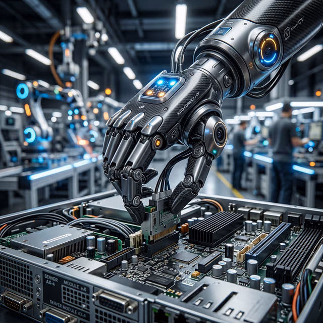 Close up photo of an intricate robotic hand assembling a complex piece of hardware in a dynamic factory setting.