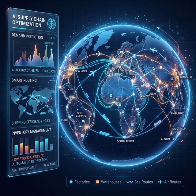 Infographic showcasing AI optimizing global shipping, demand prediction, and automated inventory routing across the world.