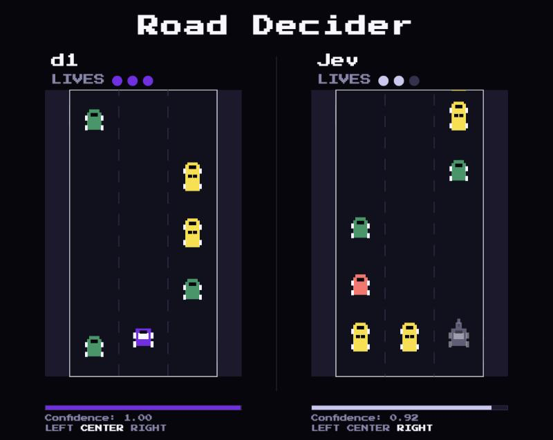 Screenshot of the Road Decider game from Liquid AI's cookbook, showing two side-by-side lanes of pixel-art traffic. The left panel is labelled d1 with three lives remaining and a confidence reading of 1.00 with CENTER selected. The right panel is labelled Jev with two lives remaining and a confidence reading of 0.92 with RIGHT selected.