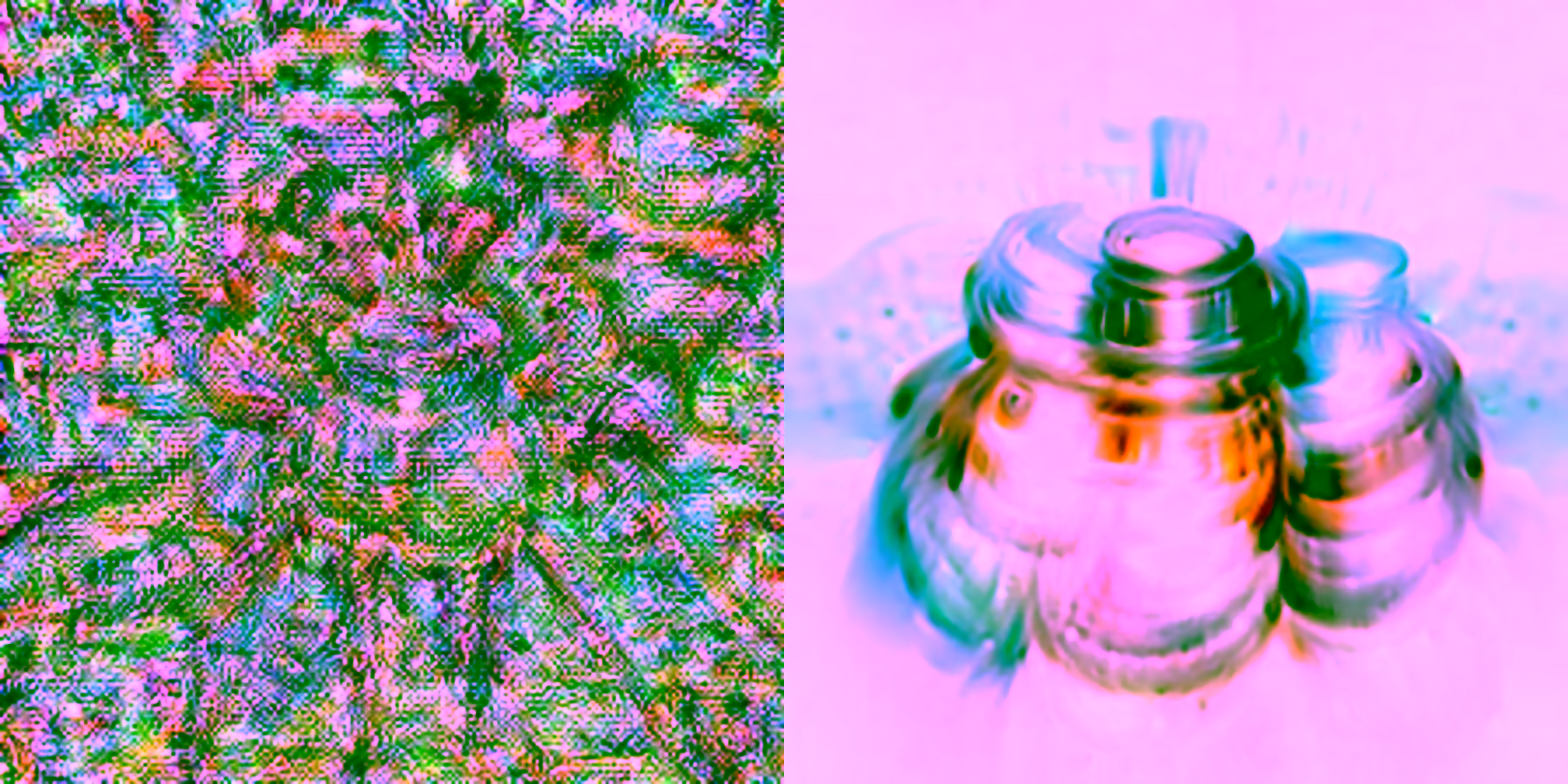 Two feature visualisations of the same InceptionV1 neuron, mixed4d-161. The left image, labelled 2009 on the essay site, is dense multicoloured noise. The right image, labelled 2026, is a clear, smooth rendering of jar-like objects.