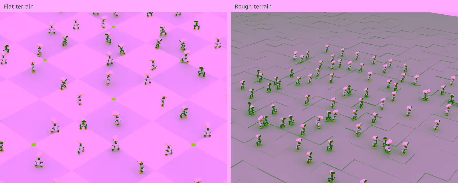 Two simulated scenes with many Microduck robots, left on flat checkered terrain and right on rough terrain.