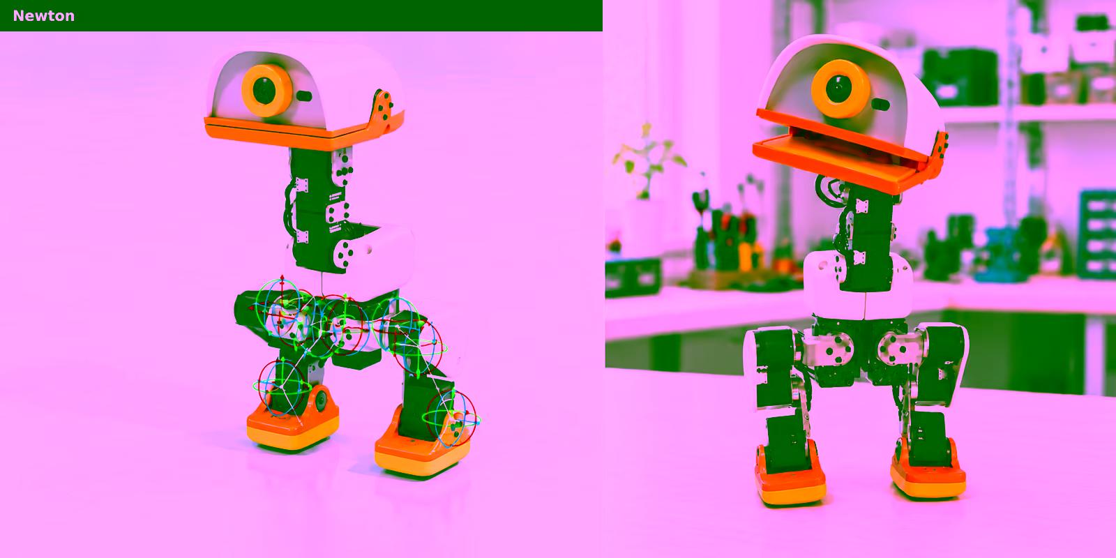 Left: the Microduck robot in the Newton simulator with joint frames overlaid. Right: the physical Microduck robot on a workbench.