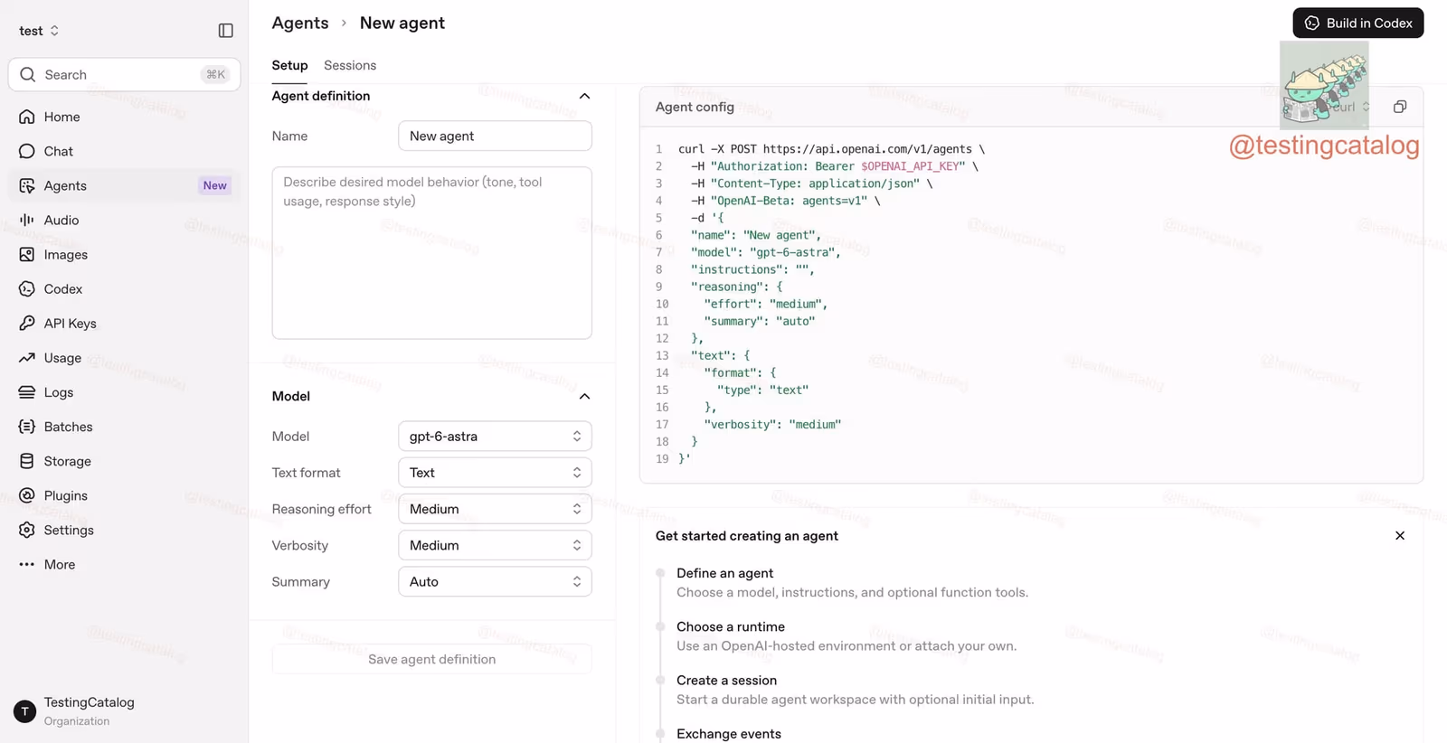 A watermarked screenshot from TestingCatalog showing an unreleased 'New agent' creation screen mined from OpenAI's platform code, with fields for agent name and description, a model dropdown set to gpt-6-astra, reasoning effort and verbosity settings, and an equivalent curl command targeting the /v1/agents endpoint with an OpenAI-Beta: agents=v1 header.