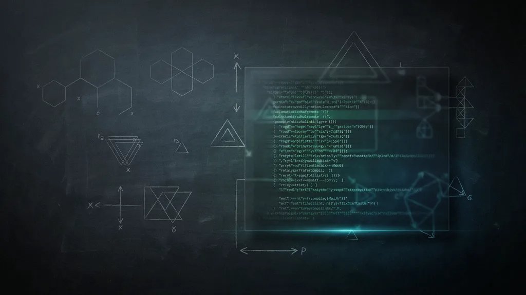 Dark illustration of chalkboard geometry sketches beside a translucent panel of code, used by SiliconANGLE to illustrate OpenAI's Astra mathematics results.