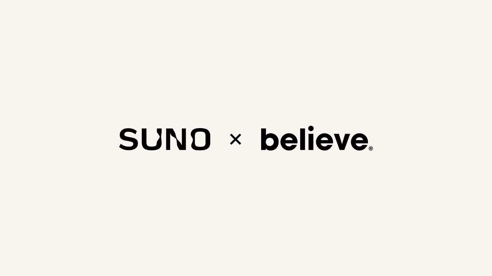 Official 'Suno x Believe' wordmark graphic announcing the licensing partnership between Suno and independent music distributor Believe.