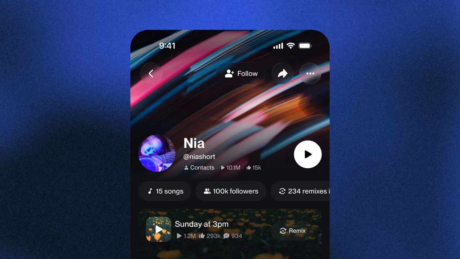 Mobile mockup of a Suno artist profile page showing a creator's name, follower count, song count and remix count, alongside a track with play, like and comment counts.