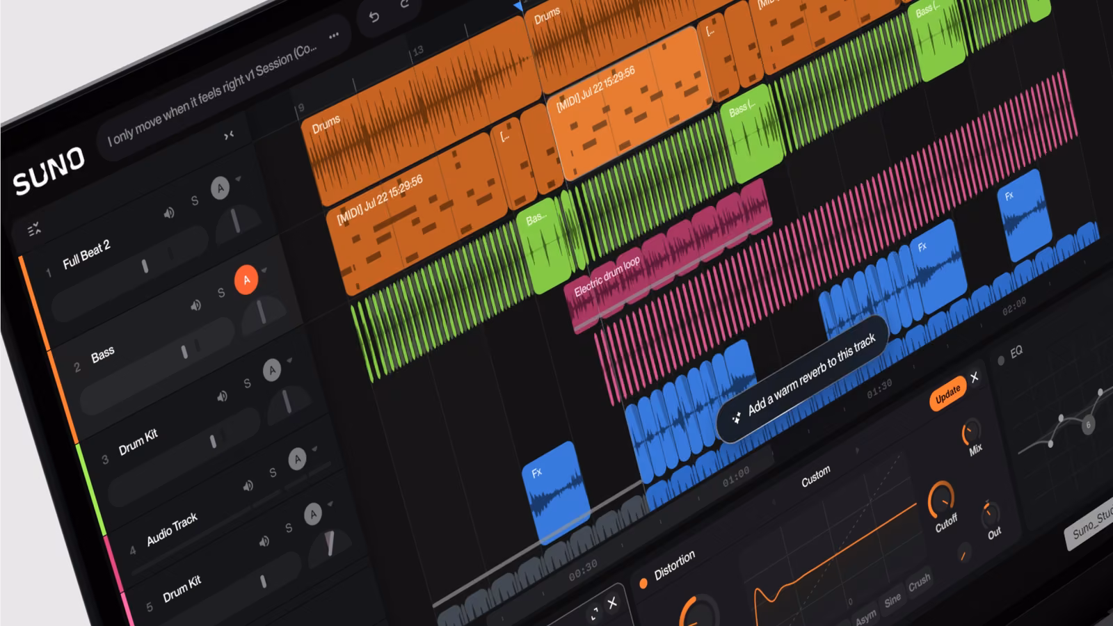 Screenshot of Suno's Studio 2.0 editor showing multiple coloured track lanes (drums, bass, electric drum loop, effects) with waveforms, and an inline natural-language edit command reading 'Add a warm reverb to this track'.