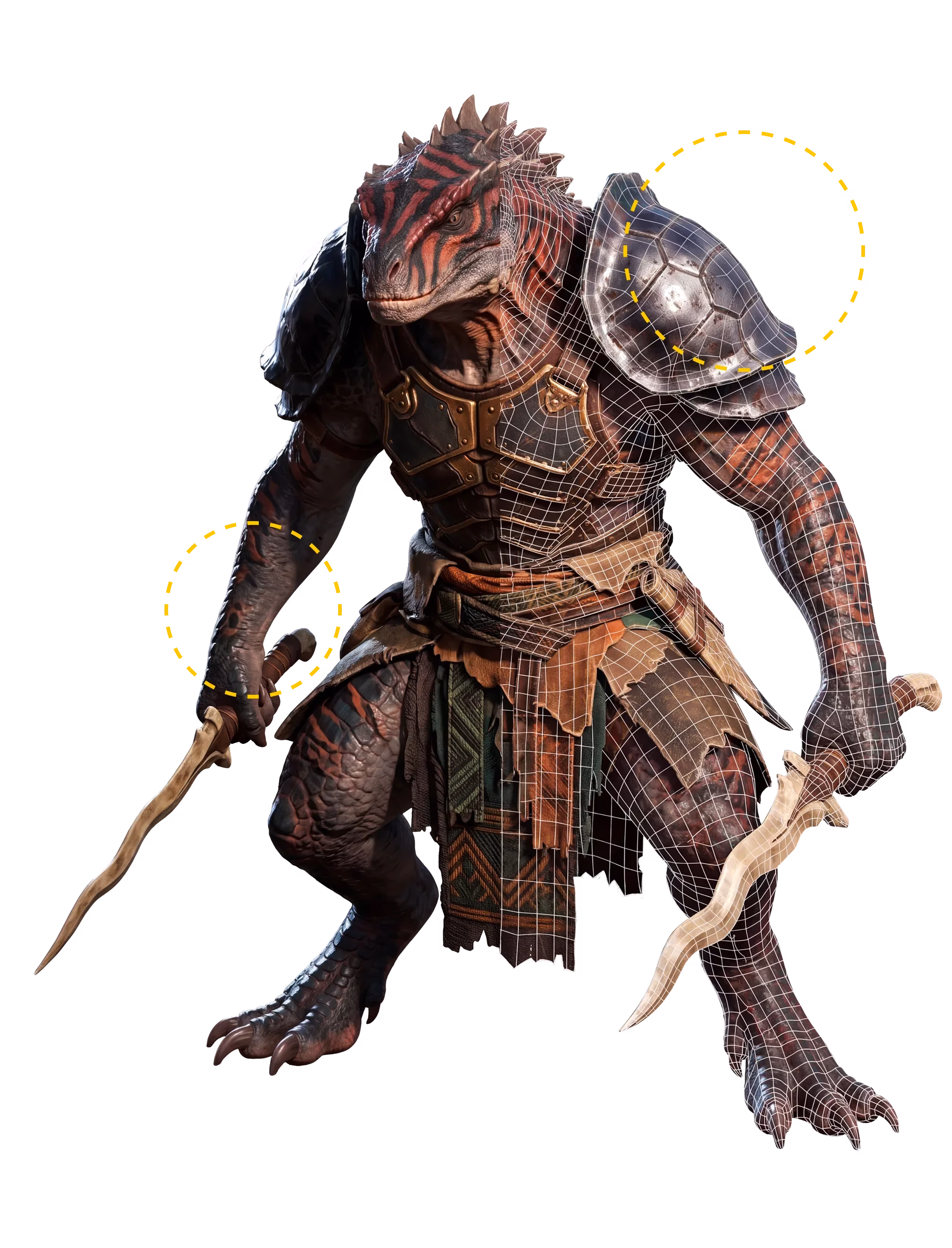 A reptilian warrior character showing a dense wireframe mesh overlay on parts of its armour and limbs, illustrating Tripo AI's high-polygon Ultra mode detail capture.