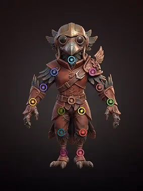 A stylised armoured character model shown with coloured spherical joint markers at the shoulders, elbows, hips and knees, indicating an automatically generated animation rig.