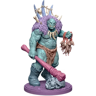 A physical resin 3D-printed miniature figurine of a troll warrior character, painted in purple and teal, demonstrating a Tripo AI model exported and printed as a tabletop miniature.