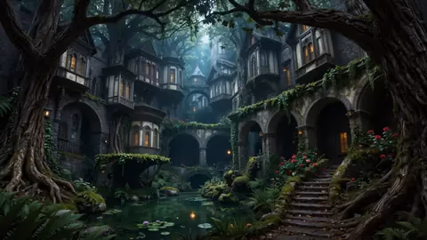 A fantasy forest treehouse village scene generated and reconstructed in 3D by Atlas, showing dense environmental detail, water, foliage and architecture consistent from multiple angles.