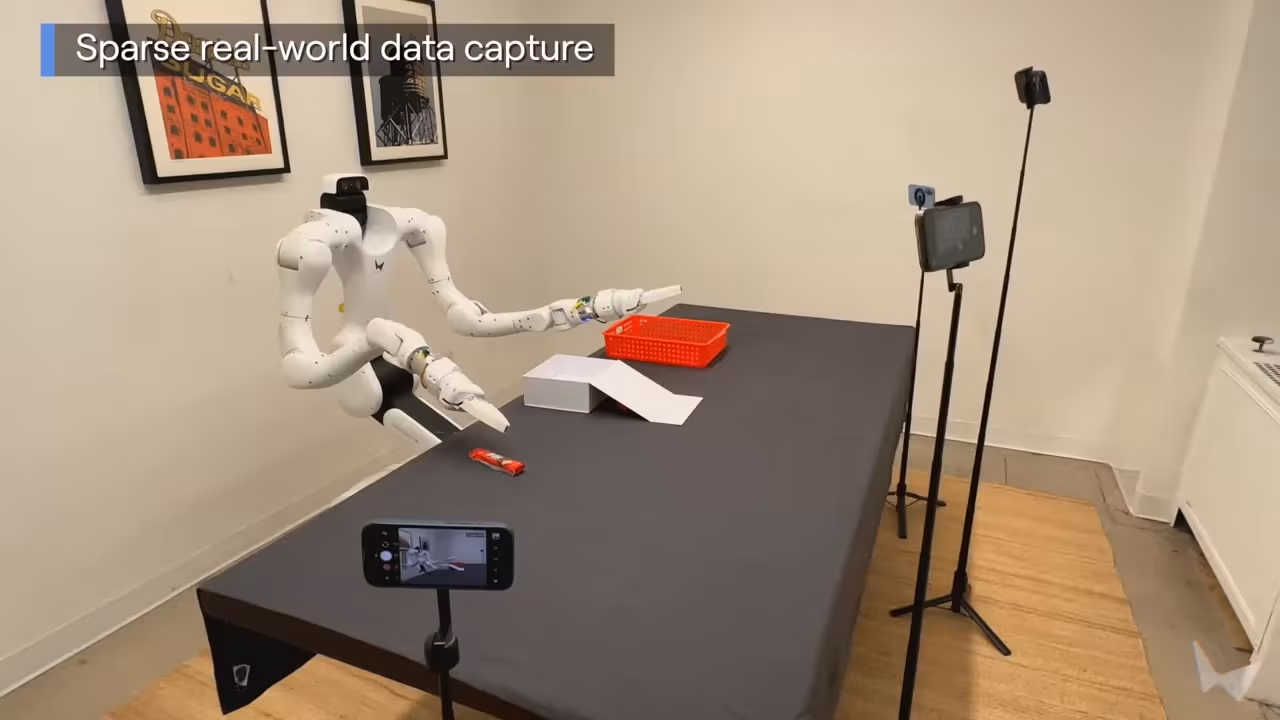 A humanoid robot arm reaching across a table set up for sparse real-world data capture, with multiple smartphones on tripods recording the scene from different angles, labelled 'Sparse real-world data capture', illustrating World Labs' Real-to-Sim robotics workflow for Atlas.