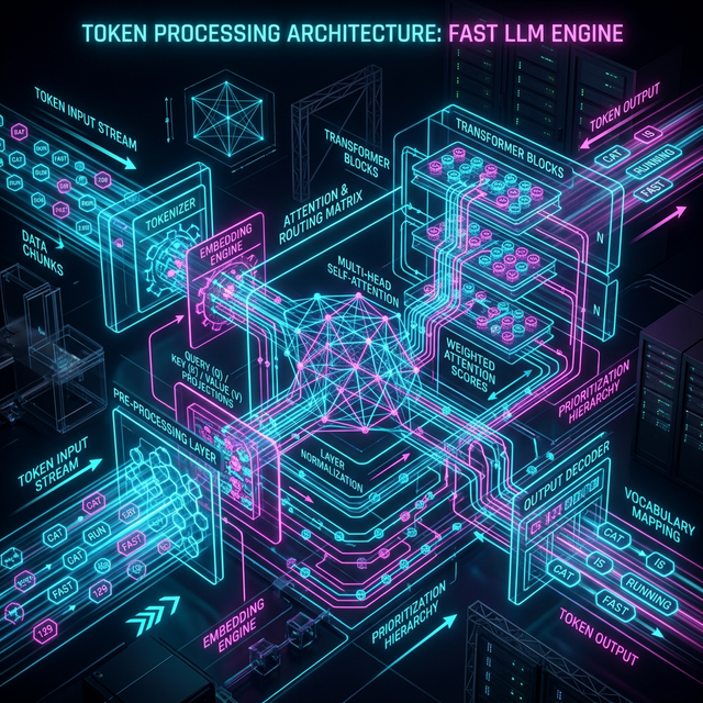 A glowing cyan and magenta futuristic schematic showing token processing architecture and parallel routing.