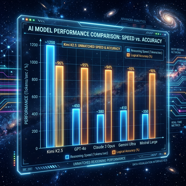 A glass UI infographic comparing Reasoning Speed and Logical Accuracy across AI models, with Kimi K2.5 vastly outperforming others in speed.