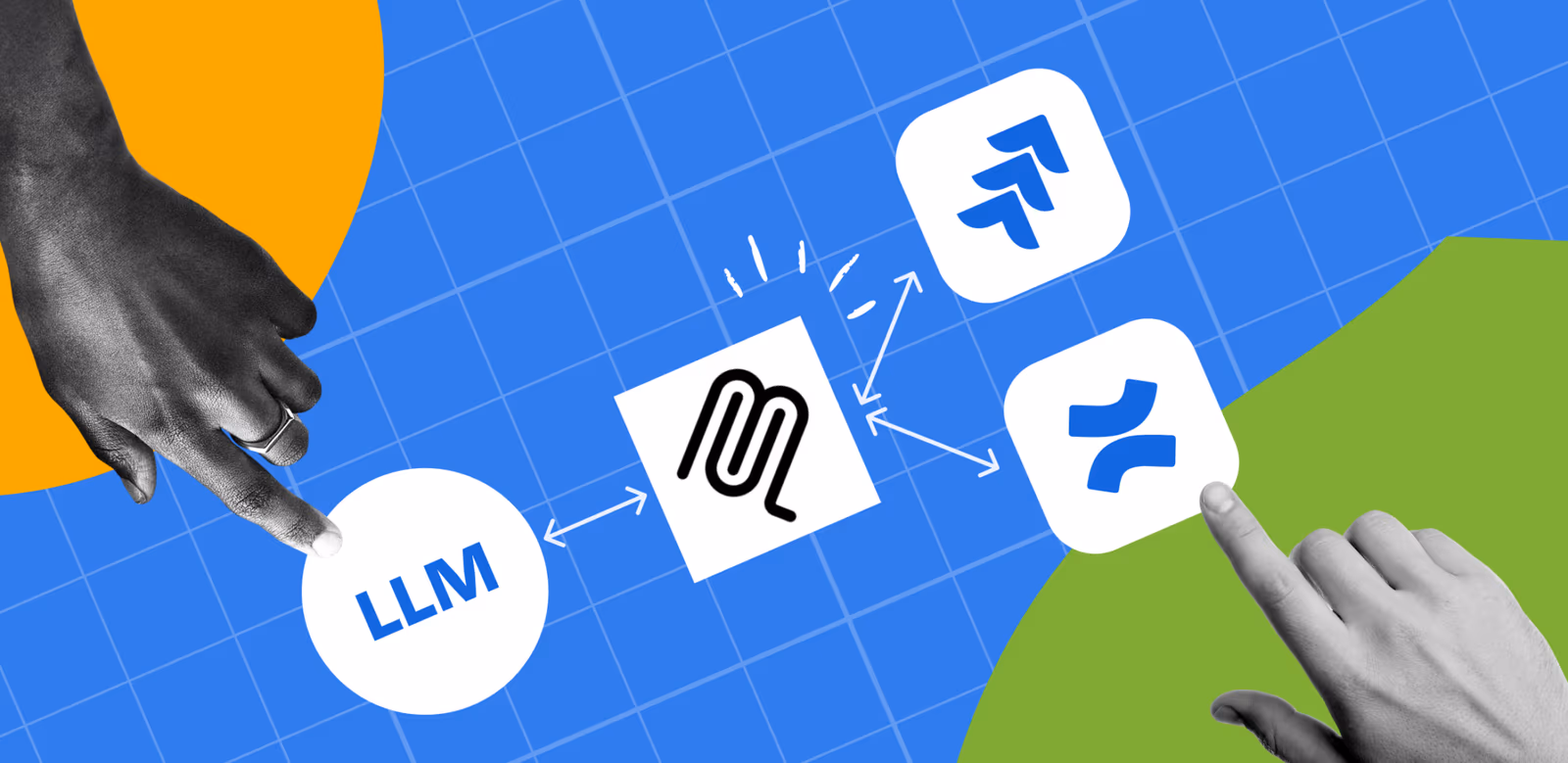 Illustration from Atlassian's Remote MCP Server announcement showing a circle labelled LLM connected by arrows to the Model Context Protocol logo, which fans out to the Jira and Confluence app icons