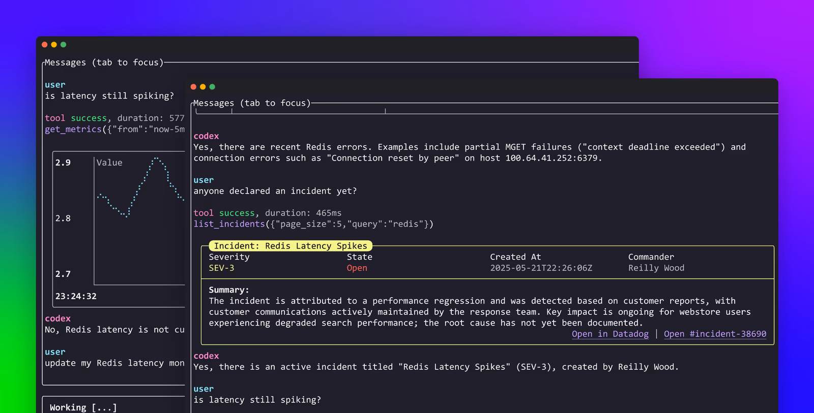 Terminal screenshot from Datadog's MCP server announcement showing an AI coding agent calling get_metrics and list_incidents tools, surfacing a SEV-3 'Redis Latency Spikes' incident with its summary and an inline latency chart