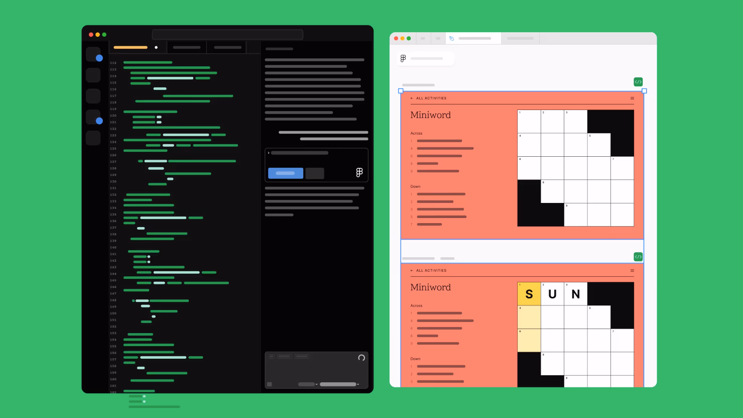 Illustration from Figma's Dev Mode MCP server announcement showing a dark code editor window beside a Figma canvas where a crossword-style 'Miniword' frame is selected for code generation