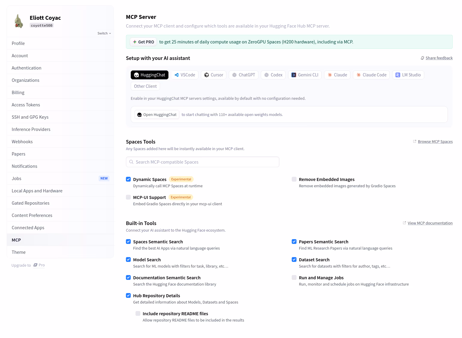 The MCP Server settings page on the Hugging Face website, with a setup bar for choosing your AI assistant and toggles for Spaces Tools and built-in tools such as Model Search, Dataset Search, Papers Semantic Search and Documentation Semantic Search
