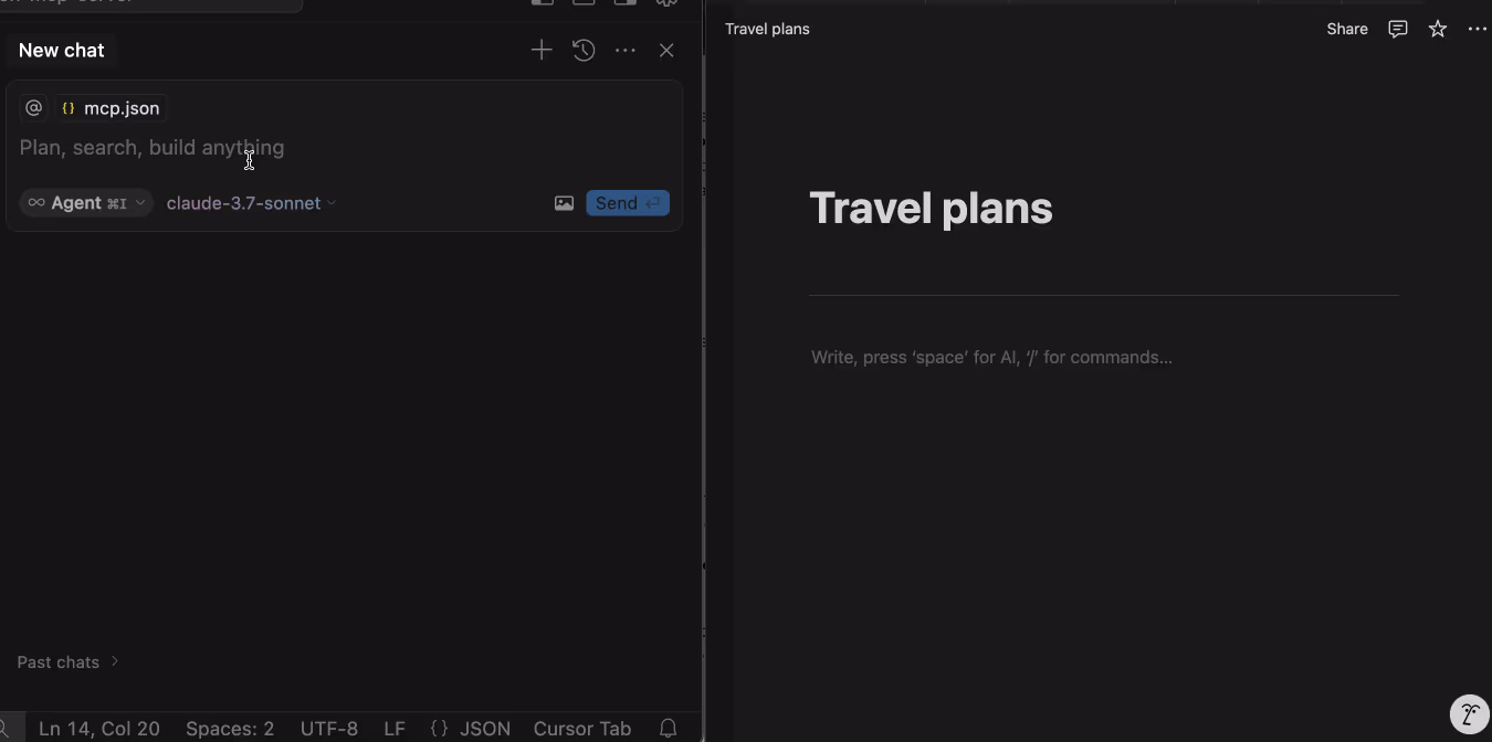 An MCP client's chat panel, with an agent referencing an mcp.json configuration, shown side by side with an empty Notion page titled 'Travel plans'