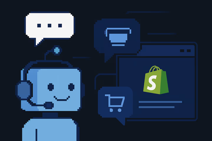 Pixel-art illustration from Shopify's developer documentation showing a smiling chatbot wearing a headset beside speech bubbles and a storefront browser window with the Shopify bag logo and a shopping cart icon