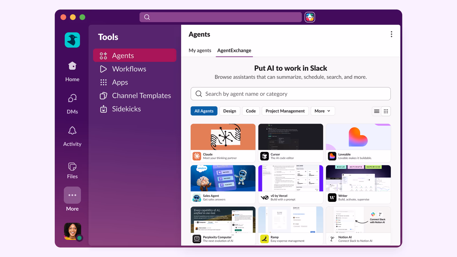 Slack's Agents screen showing the AgentExchange tab with the heading 'Put AI to work in Slack' and a grid of agent tiles, with Claude listed first alongside Cursor, Lovable, Perplexity and others