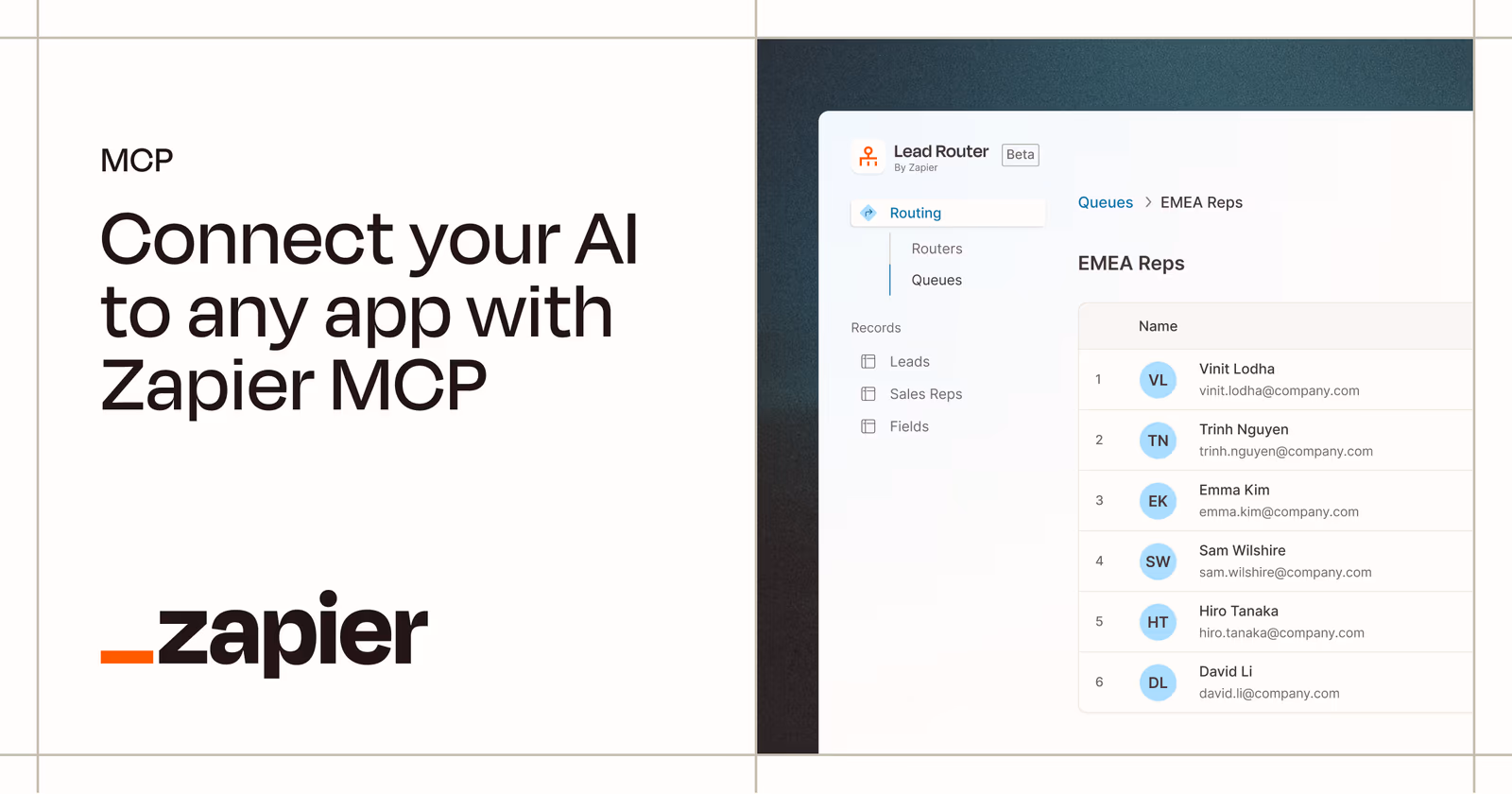Zapier MCP banner with the headline 'Connect your AI to any app with Zapier MCP' and the Zapier logo, next to a screenshot of Zapier's Lead Router interface listing EMEA sales reps and their email addresses