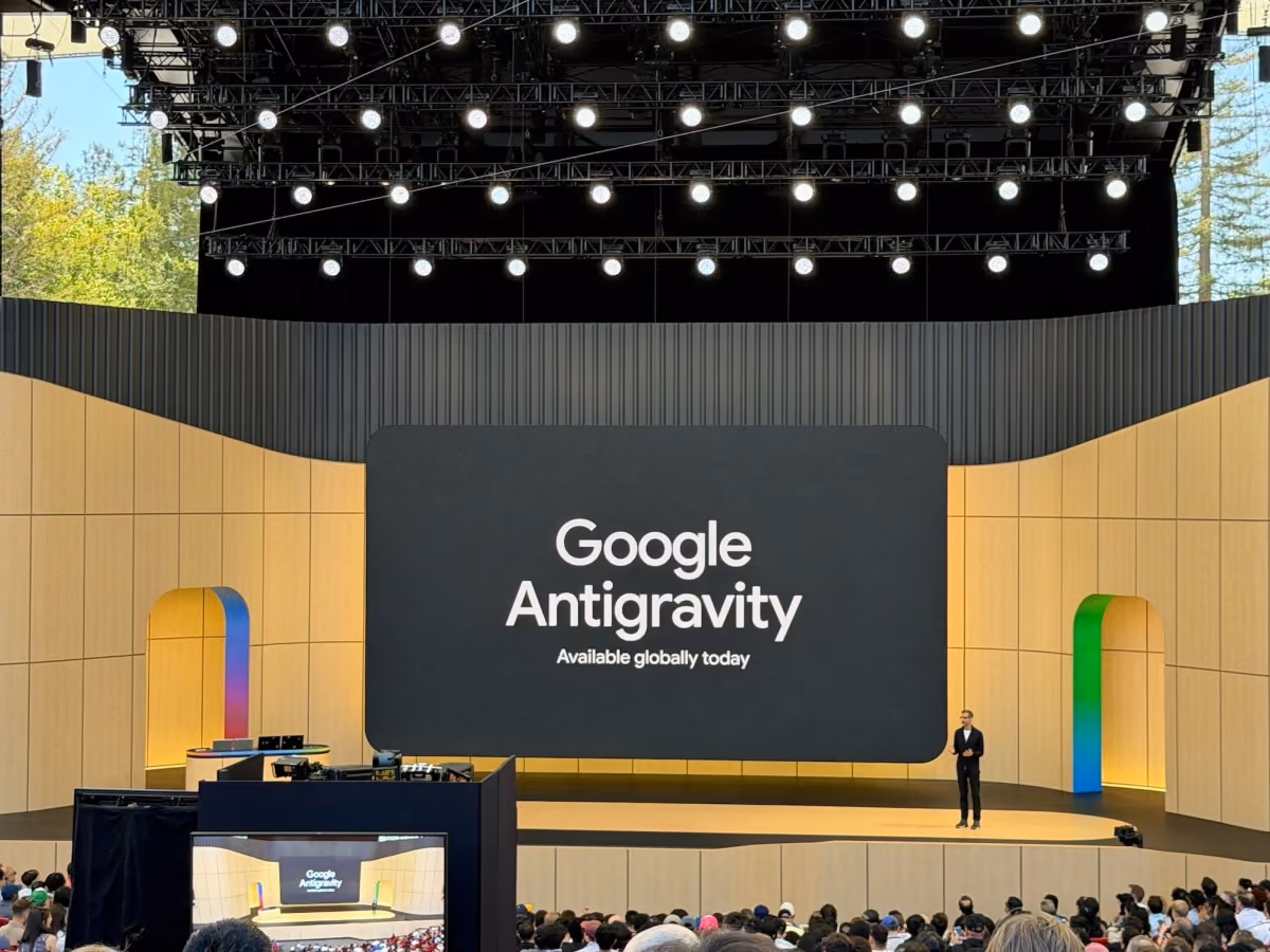 Google Antigravity announcement slide on stage at Google I/O 2026 reading Google Antigravity, Available globally today.