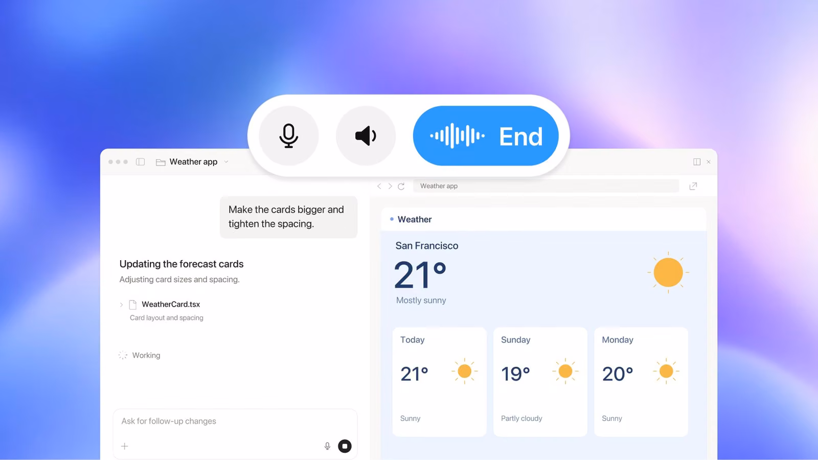 OpenAI Codex interface showing voice controls with microphone, speaker and End buttons above a coding session updating a weather app's forecast cards
