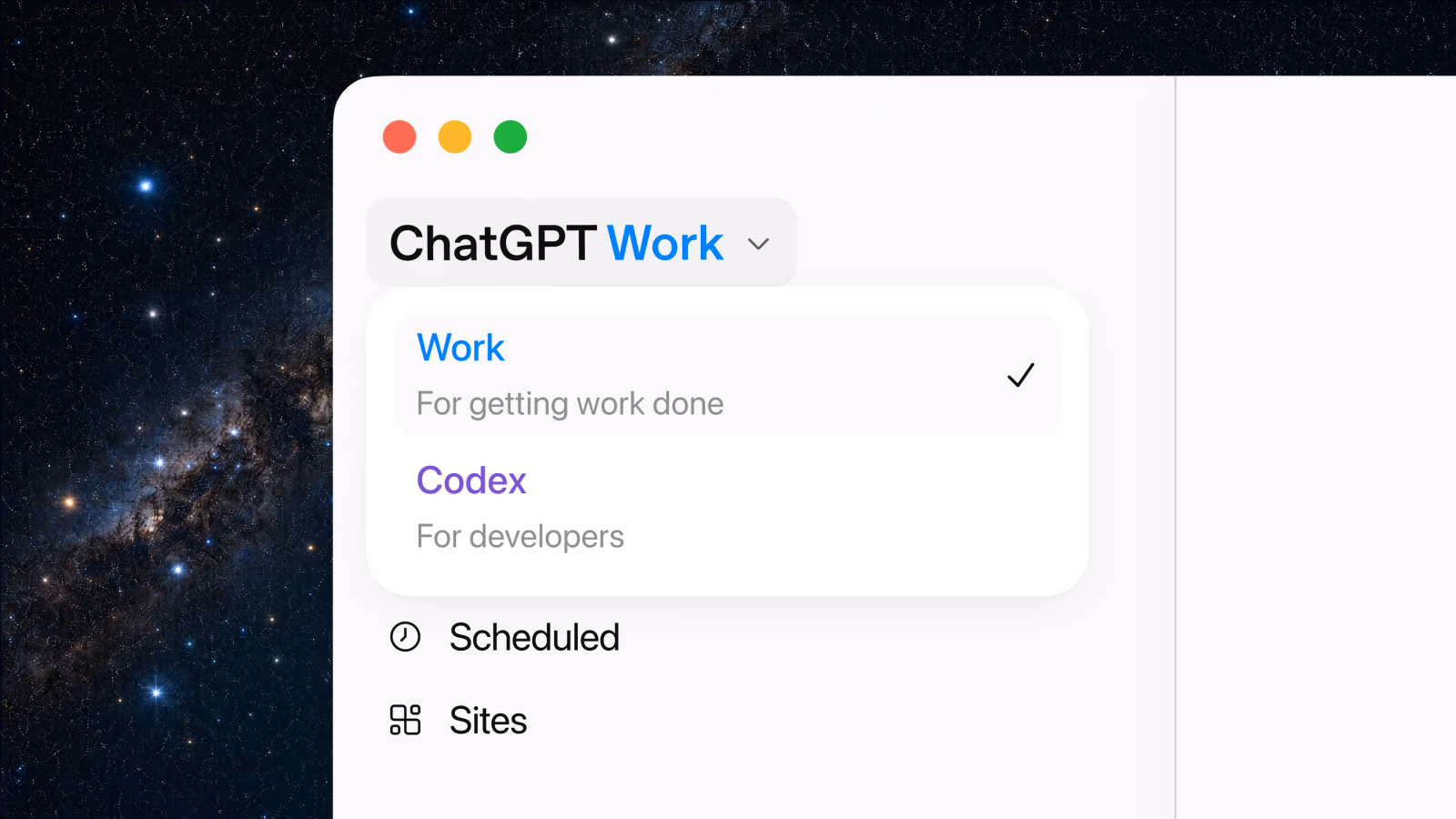 ChatGPT desktop app showing the mode switcher with Work selected above Codex, and the prompt 'What would you like to work on?'