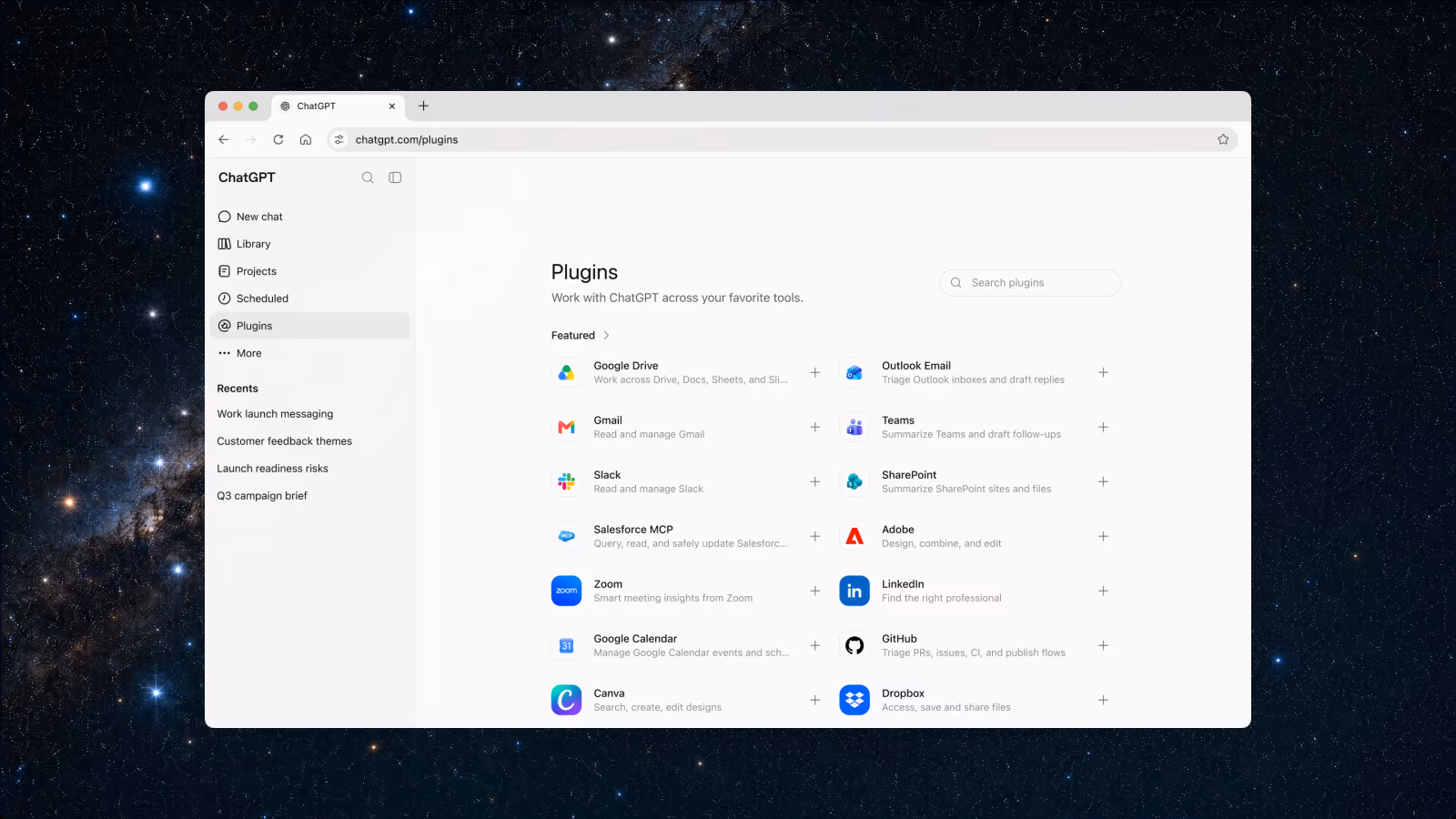 ChatGPT Plugins directory listing connected tools including Google Drive, Gmail, Slack, Salesforce MCP, Zoom, Google Calendar, Canva, Outlook Email, Teams, SharePoint, Adobe, LinkedIn, GitHub and Dropbox