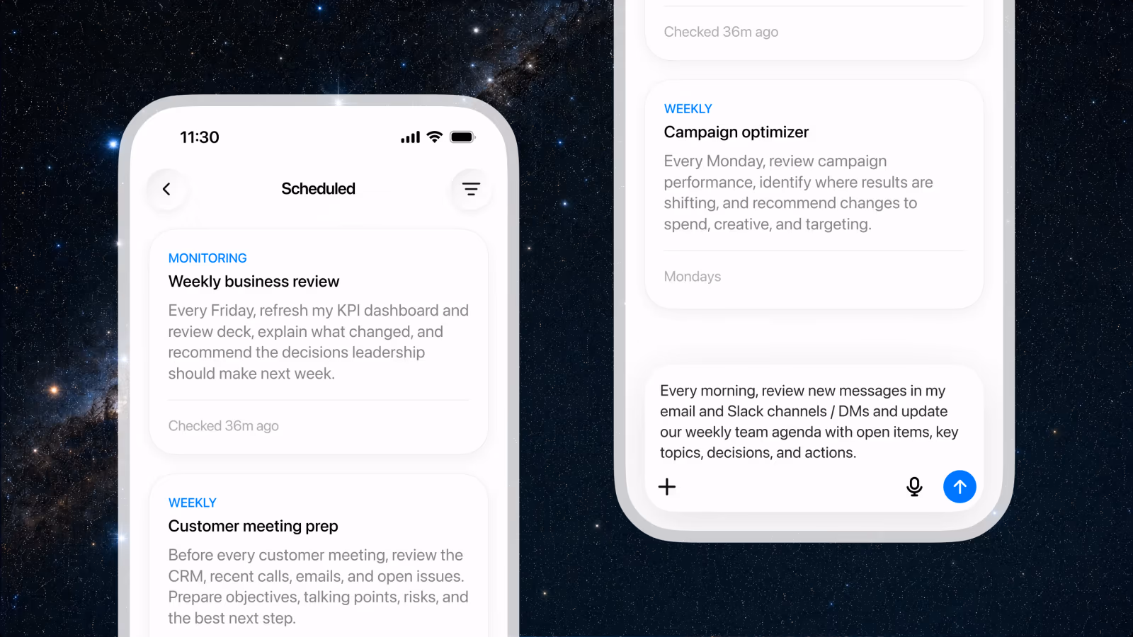 ChatGPT Scheduled tasks list on mobile showing a weekly business review, customer meeting prep, and campaign optimizer running on recurring schedules