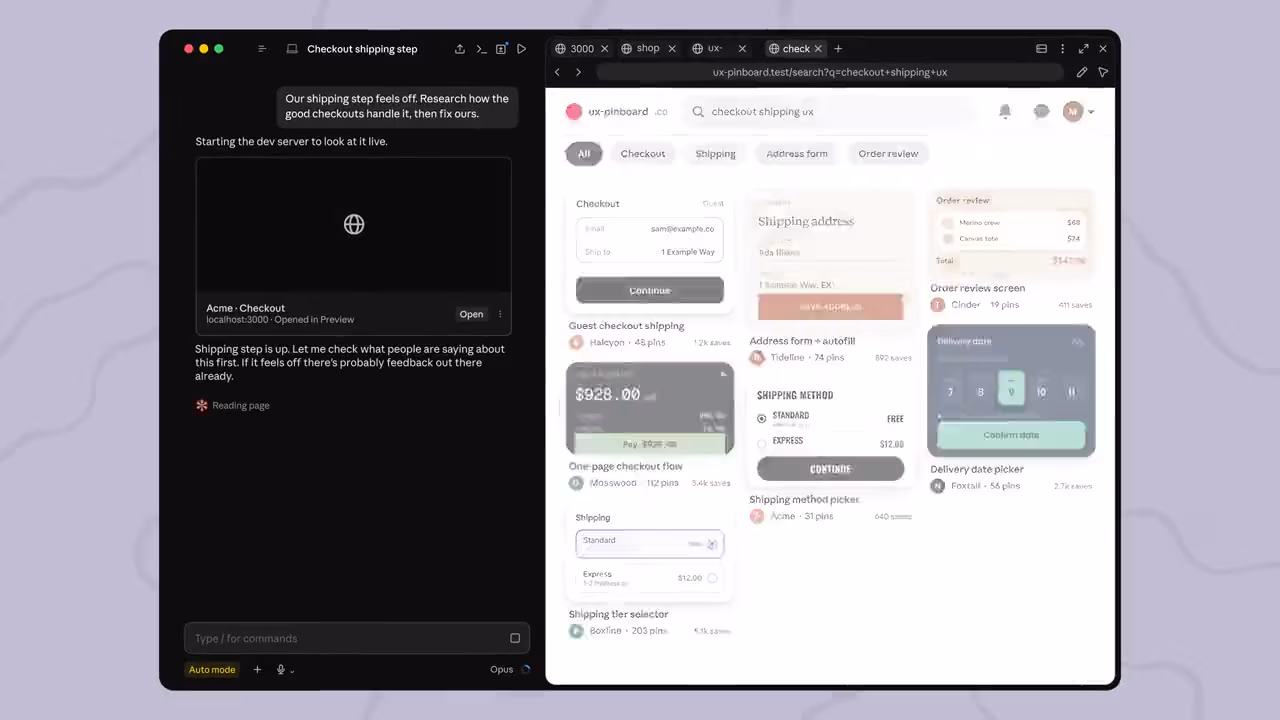 Claude Code Browser pane with multiple tabs open, showing a design-inspiration search results page next to the chat panel, used to research checkout UX patterns