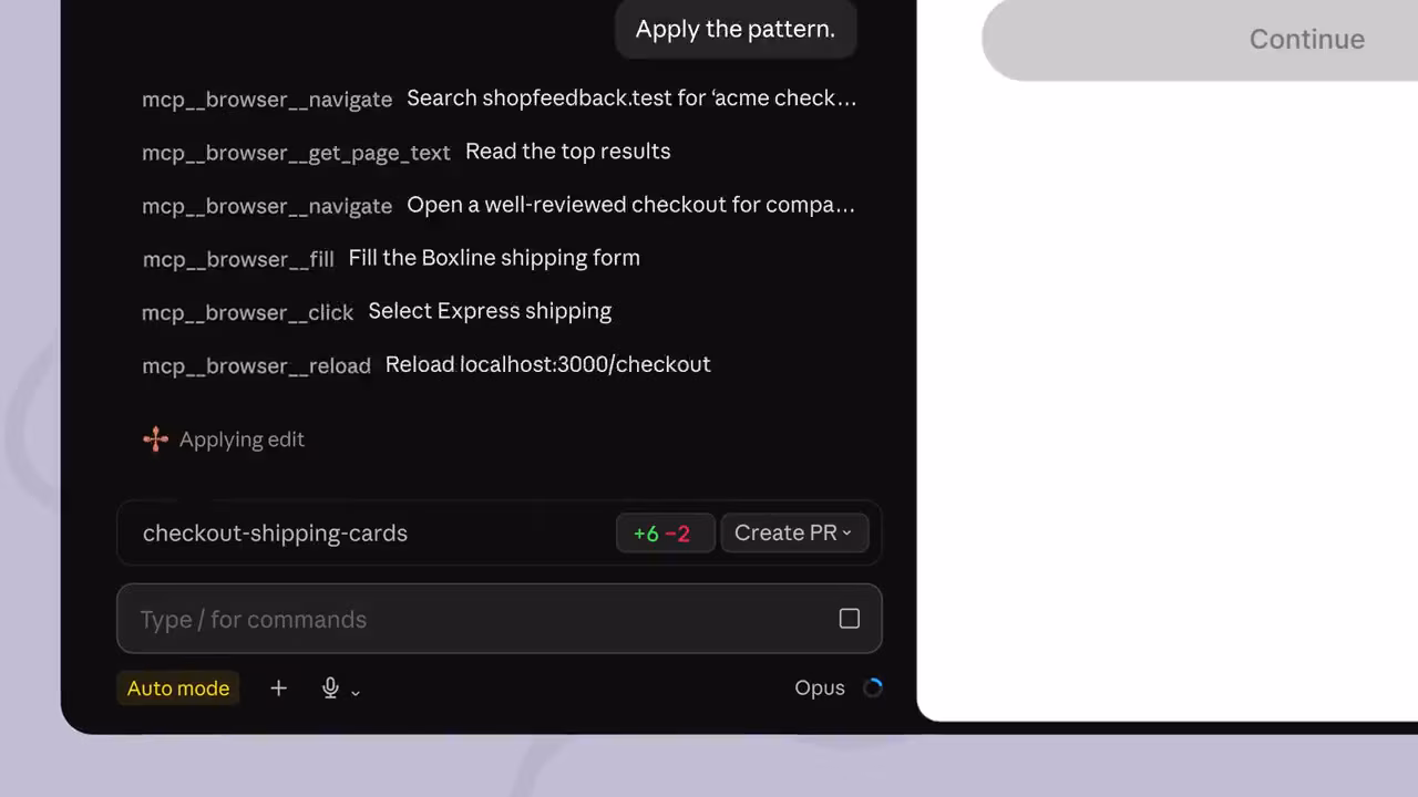 Claude Code session transcript showing browser tool calls in sequence: mcp__browser__navigate, mcp__browser__get_page_text, mcp__browser__fill and mcp__browser__click, used to research and replicate a checkout shipping flow