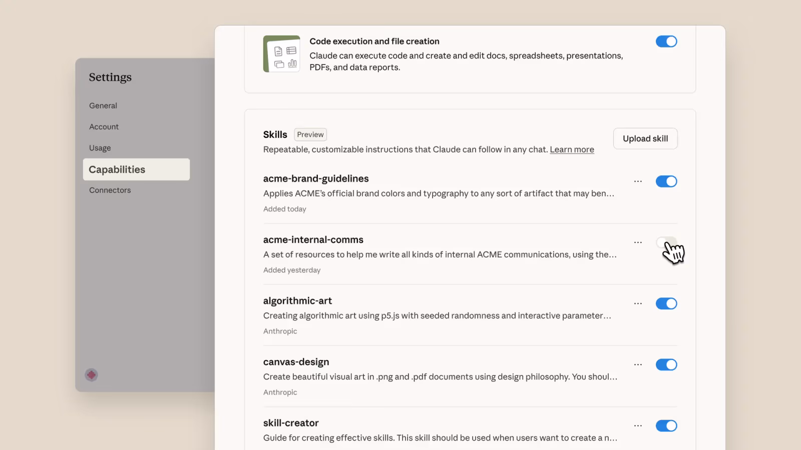 The Skills capabilities interface in Claude.ai, showing a list of installed Skills such as acme-brand-guidelines, algorithmic-art, canvas-design and skill-creator, each with an on/off toggle, an Upload skill button top right.