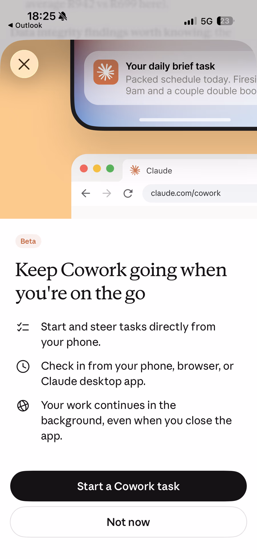 The Claude Cowork mobile beta announcement sheet on an iPhone: 'Keep Cowork going when you're on the go', with three feature bullets and a 'Start a Cowork task' button — plus a Cowork daily-brief notification at the top of the screen.