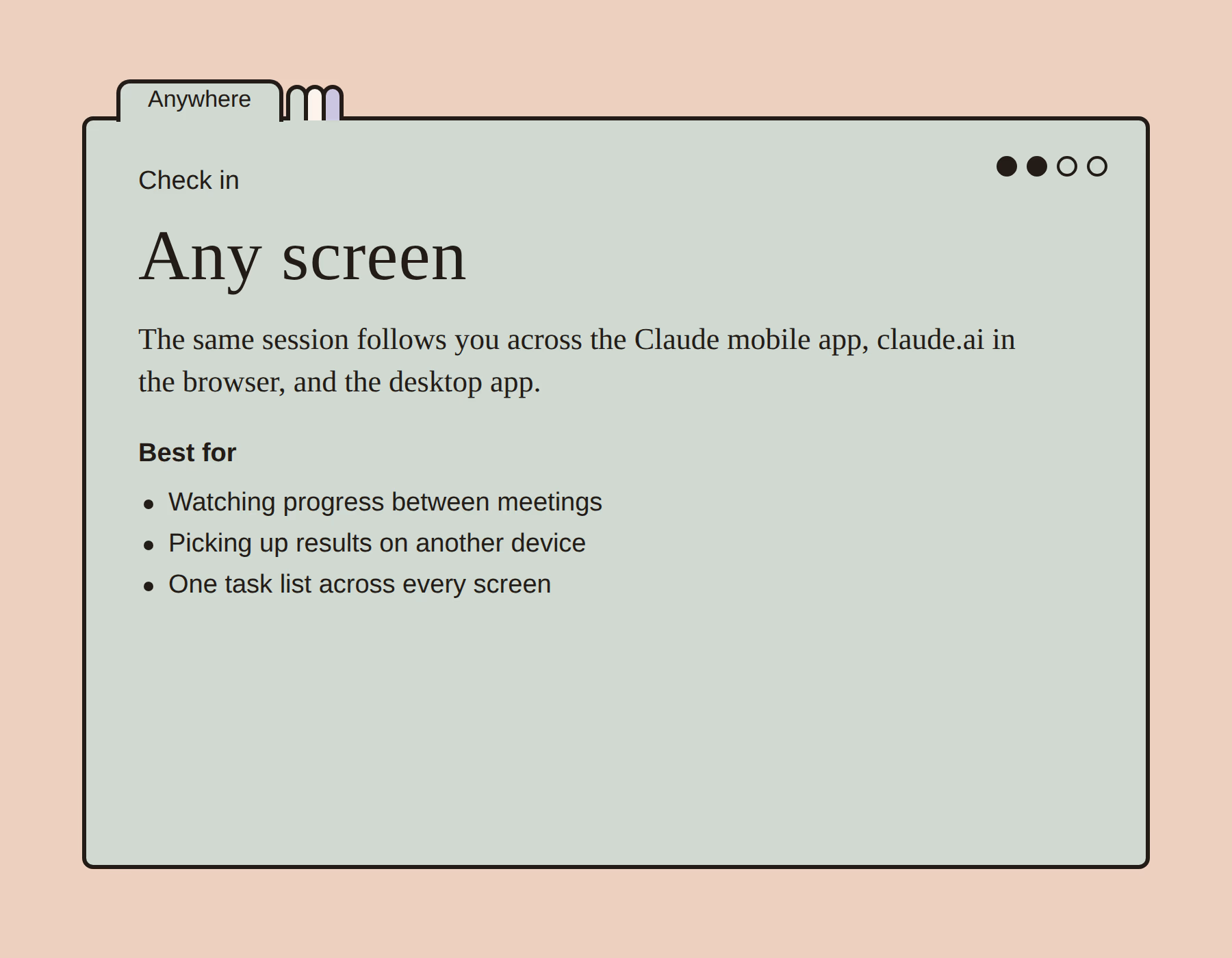 Sage-green index card with an 'Anywhere' tab: Check in — Any screen. The same session follows you across the Claude mobile app, claude.ai in the browser, and the desktop app.