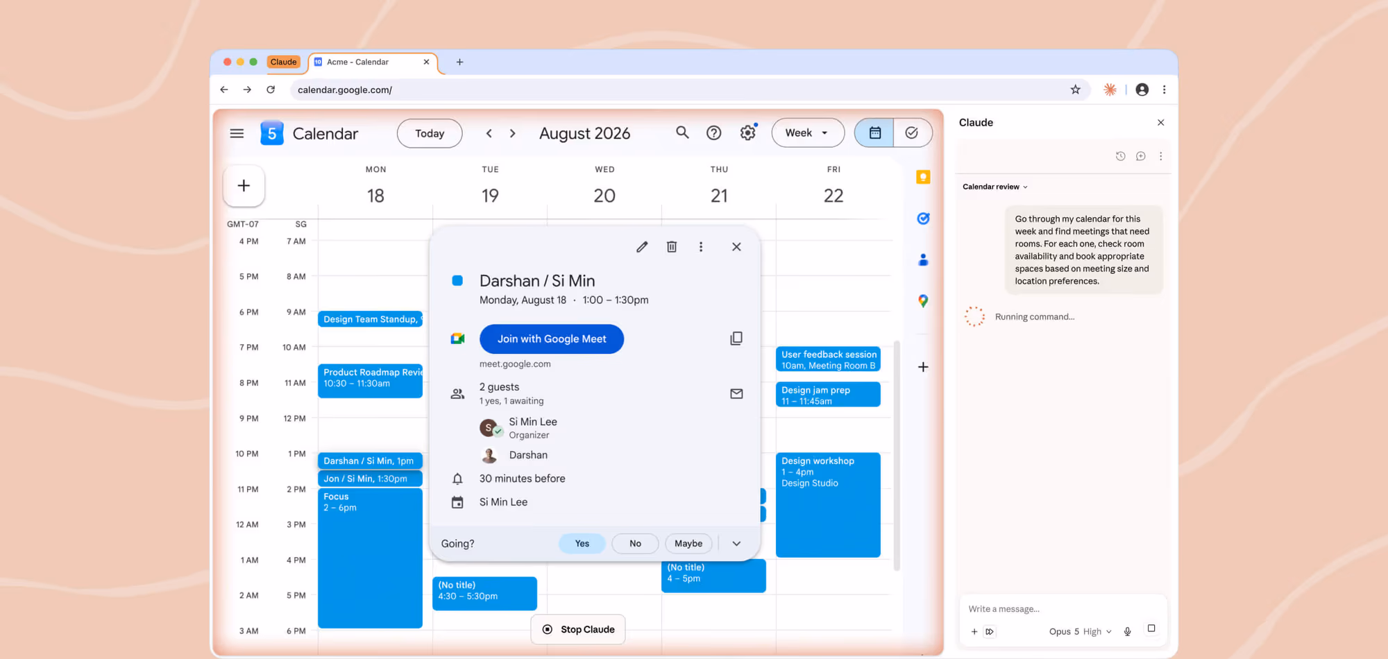 Google Calendar week view in Chrome with the Claude side panel open, running a prompt to review the week's meetings, check room availability and book appropriate spaces based on meeting size and location preferences. A 'Stop Claude' button is visible at the bottom of the page.