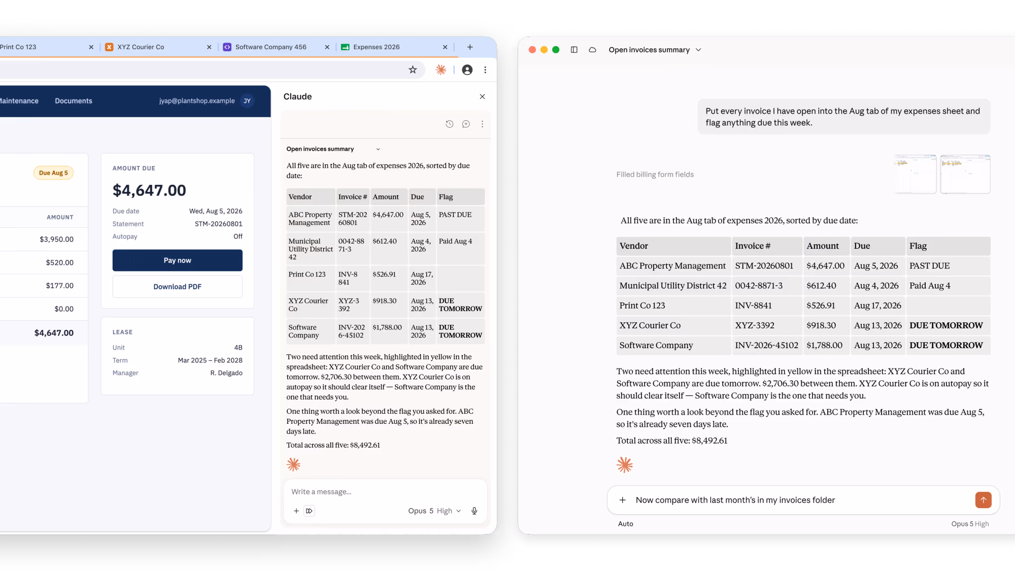Side-by-side view: on the left the Chrome side panel showing an invoice summary table built from five vendor tabs, and on the right the same conversation continued in the Claude desktop app with a follow-up prompt about comparing with last month's invoices folder.
